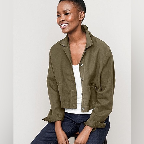 Eileen Fisher Linen Blend Cropped Lightweight Jacket Olive Green Size Medium - Picture 2 of 10